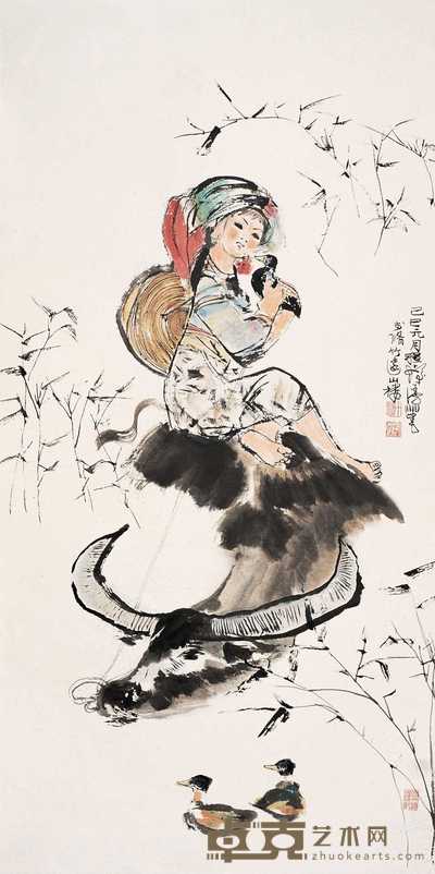 程十发 1989年作 牧牛图 立轴 136×68cm